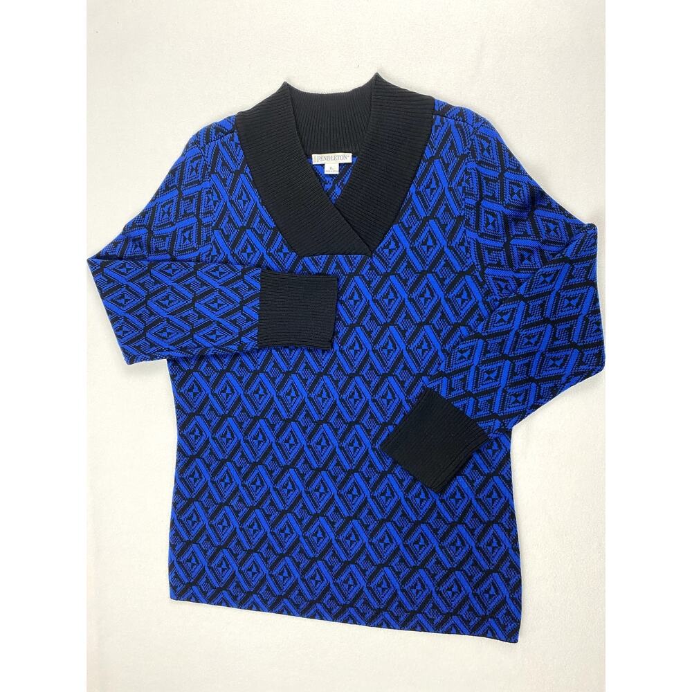 Pendleton Women XL Cardigan Sweater Blue Black Geometric Knit Long Sleeve V-Neck